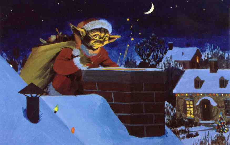 Yoda-claus delivering presents on a rooftop