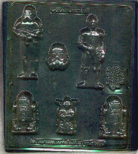 A Star Wars candy mold with Yoda, Stormtrooper, C-3P0, and R2-D2