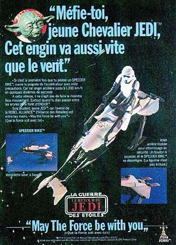 An ad for a speeder bike with a Yoda puppet talking (in French?)