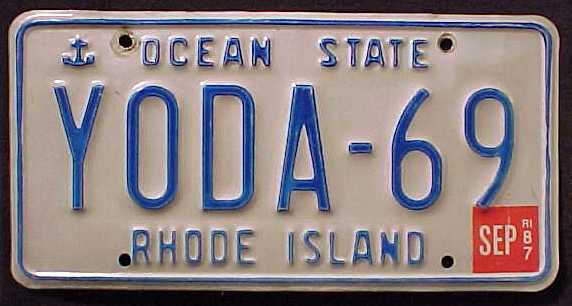 Picture of a Rhode Island license plate 'YODA-69' from 1987