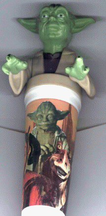 Yoda cup topper on a cup with Yoda, Jar-Jar, Queen Amidala, and more
