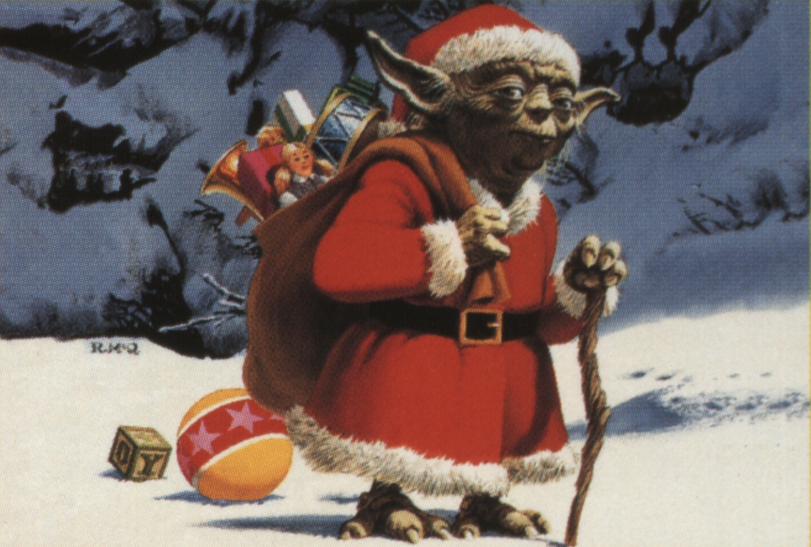 Yoda Claus carrying a bag of presents over his shoulder