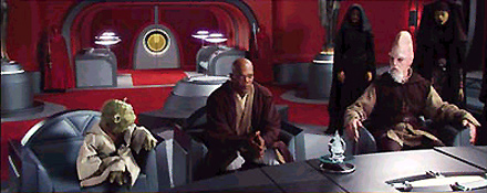 Yoda, Mace Windu, and Ki-Adi-Mundi sitting in Palpatine's office (Attack of the Clones screenshot)
