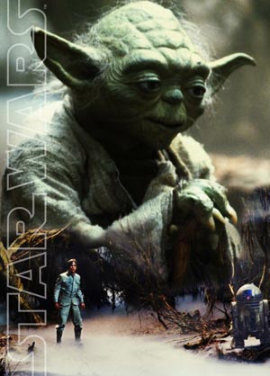 Large Yoda superimposed behind Luke and R2 on Dagobah
