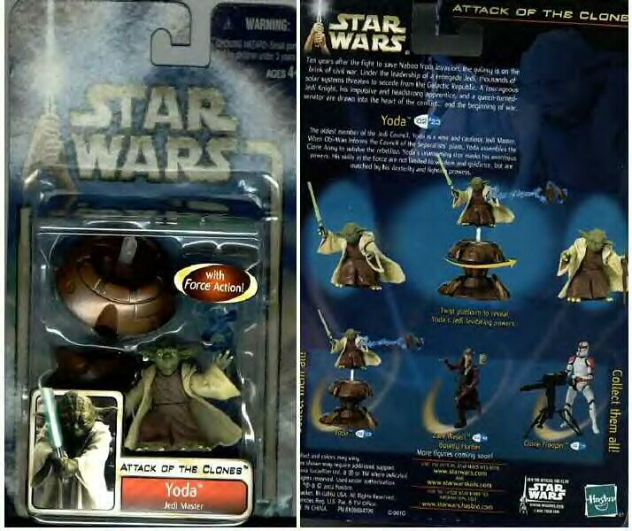 Front and back of carded Attack of the Clones Yoda figure
