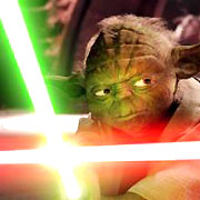 Yoda's lightsaber clashing with Dooku's