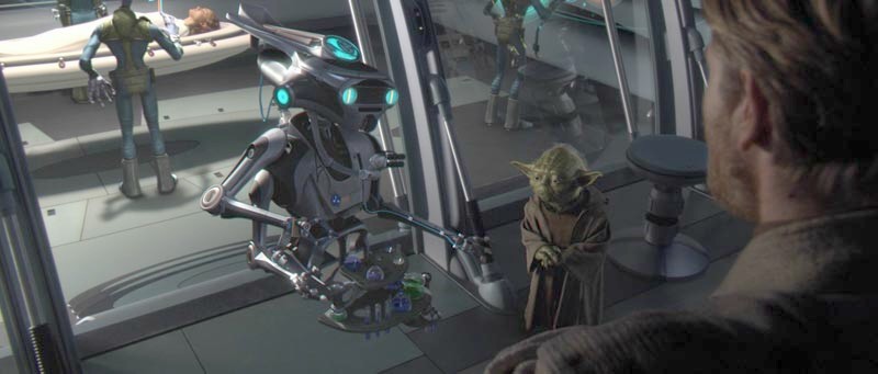 Yoda and Obi-Wan listening to the medical droid