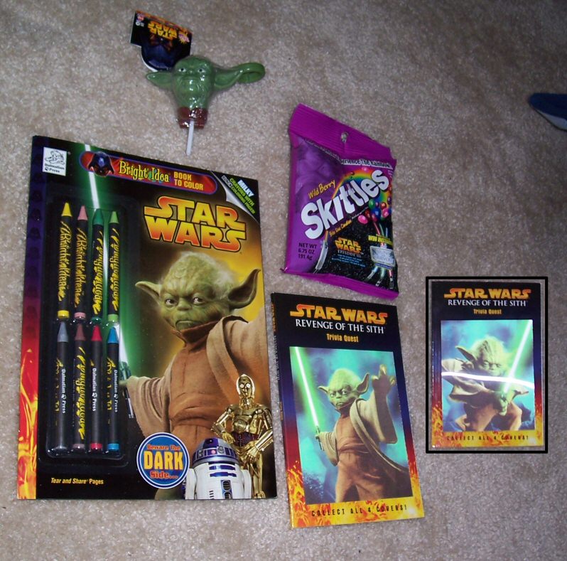 Revenge of the Sith coloring book, sucker, Skittles, and trivia book with Yoda