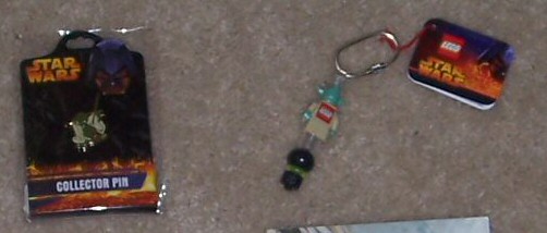 Revenge of the Sith Yoda collector pin and LEGO keychain