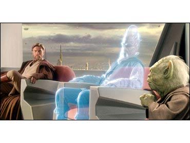 Yoda talking to the Jedi Council, including holographic Ki-Adi-Mundi