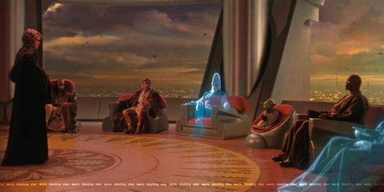 Yoda in the Jedi Council chamber, talking to Anakin
