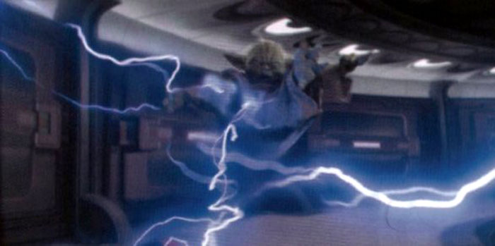Yoda getting blasted through the air by Sidious's Force lightning
