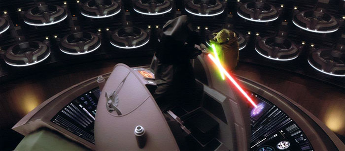 Yoda and Sidious dueling in the Senate