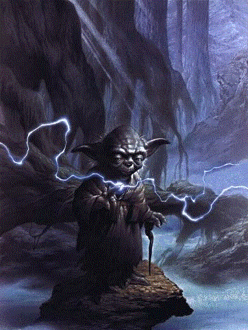 Yoda with lightning bolts coming out of his hands (illustration)