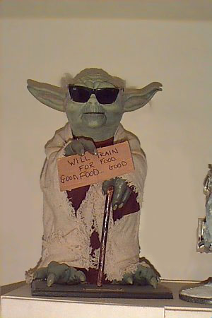 Yoda holding sign: 'Will train for food'