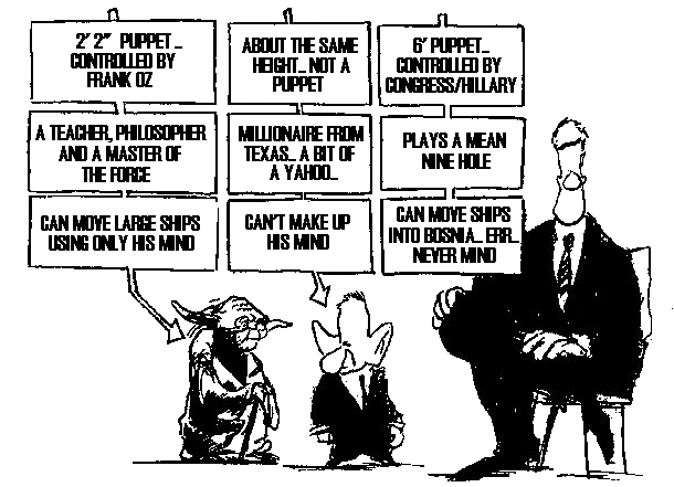 Cartoon compairing Yoda, Ross Perot, and Bill Clinton