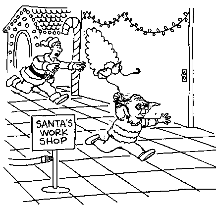 Cartoon of Yoda leaving Santa's work shop