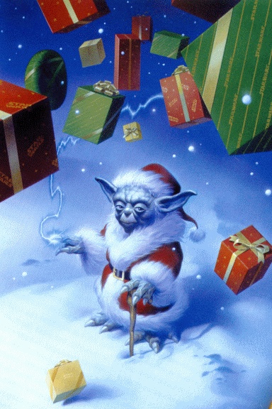 Yoda-claus (Santa Yoda) with lightning bolts coming from his hands lifting presents