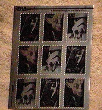 A block of 9 stamps (3 Darth, 3 Yoda, 3 Stormtrooper)