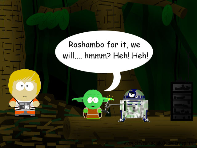South Park Yoda and R2-D2 fighting over the flashlight