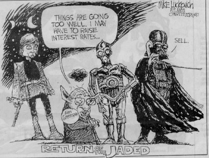 A cartoon with Yoda as Alan Greenspan 'Return of the Jaded'