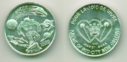 1986 Space Fantasies Mardi-Gras coins with Yoda and a Transformer