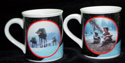 Mug with Luke and Yoda on one side and AT-ATs on the other