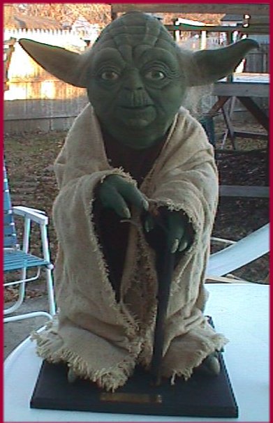 Full front view of the life-sized Yoda replica