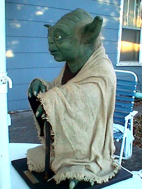 Full front left view of the life-sized Yoda replica