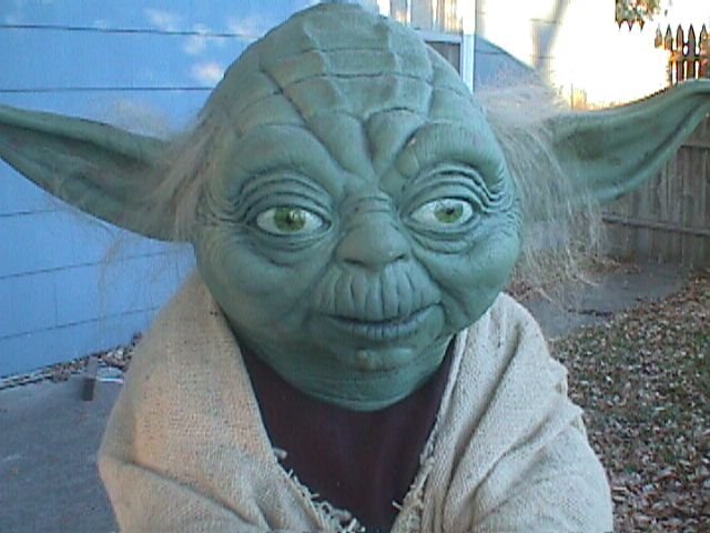 Front head view of the life-sized Yoda replica