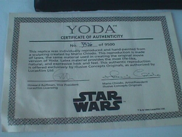The certificate of authenticity for the life-sized Yoda replica