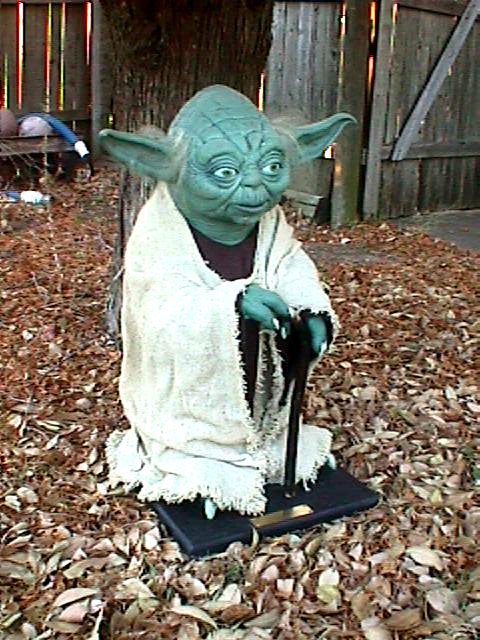 Full front right view of the life-sized Yoda replica