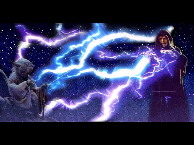 Yoda and the Emperor exchanging lightning bolts