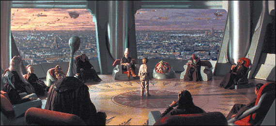 A picture of the Jedi Council with Yoda and Yaddle (the short guy near the left) and the rest