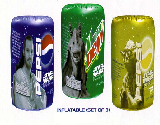 Inflatable 2 foot tall Pepsi Cans (gold Yoda, Qui-Gon, and Mountain Dew Jar Jar)