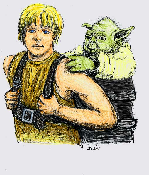 A drawing of Yoda on Luke's back