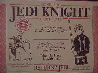 Honorary Jedi Knight certificate (from The Star Wars Scrapbook)