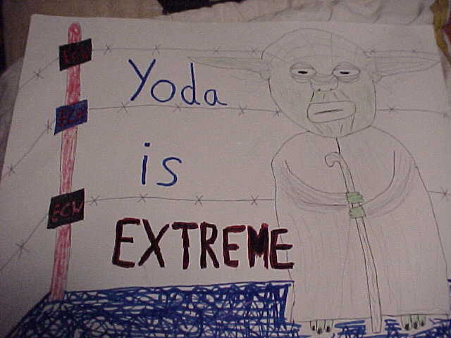 Handdrawn posterboard with Yoda in a wrestling ring reading 'Yoda is EXTREME'