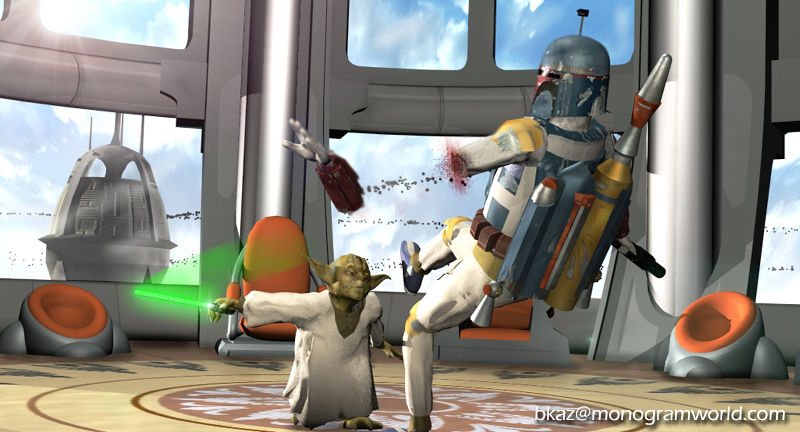 Picture from an upcoming movie by bkaz with Yoda destroying Boba Fett