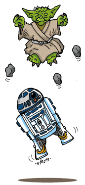 Illustration of Yoda and R2-D2 being lifted in the air