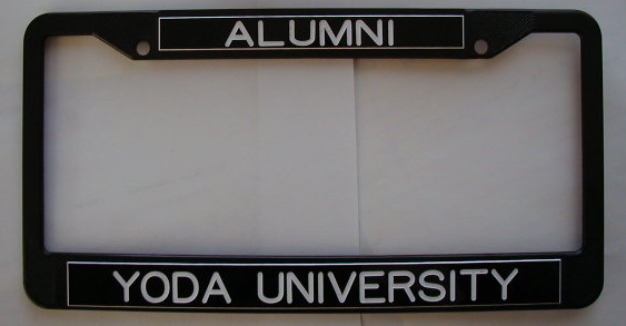 Custom 'Alumni Yoda University' license plate cover