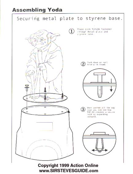 An illustration showing how to put the Pepsi Yoda replica on the stand