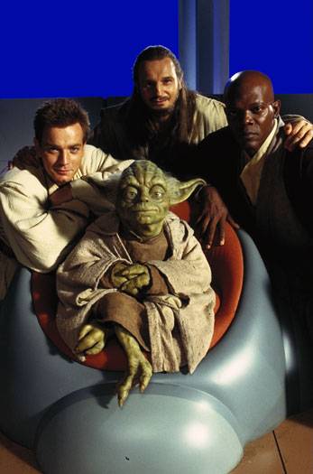 Yoda, Obi-Wan, Qui-Gon, and Mace Windu publicity shot