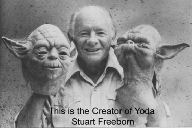 A picture of Stuart Freeborn (creater of Yoda puppet) with Yodas
