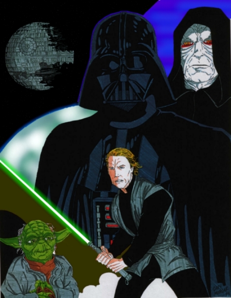Return of the Jedi illustration with Yoda, Luke, Darth, and the Emperor