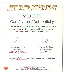 Attakus Yoda Certificate of Authenticity