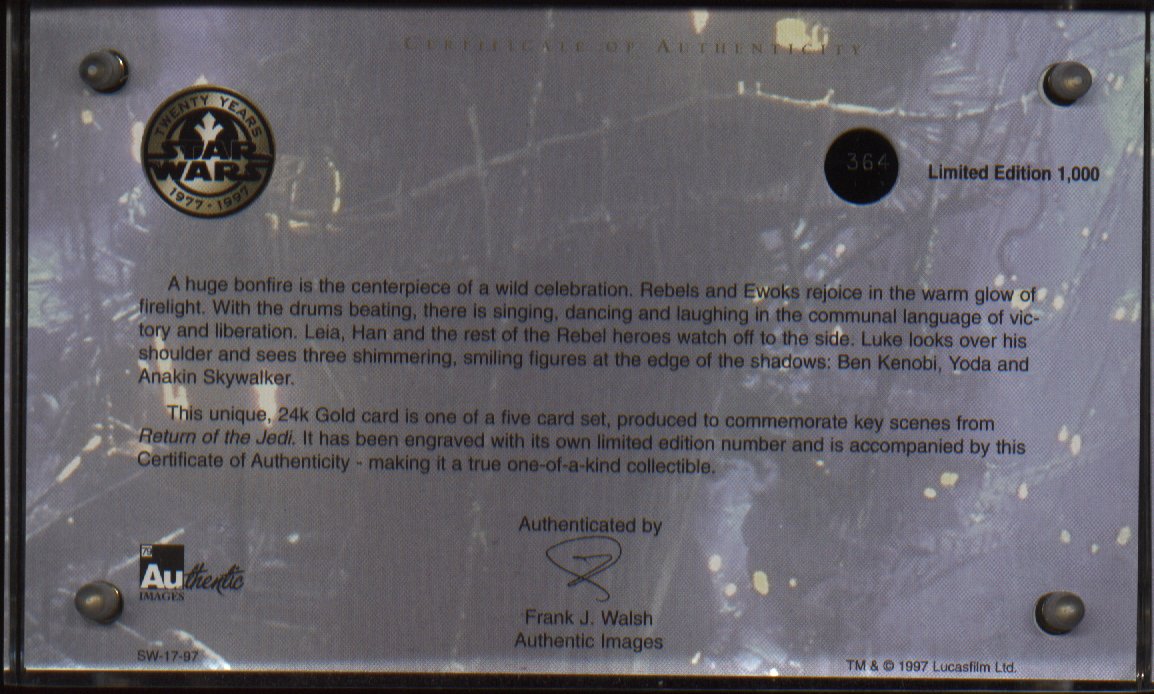 Certificate of Authenticity from the back of the 24 Karat Gold Jedi Spirits card