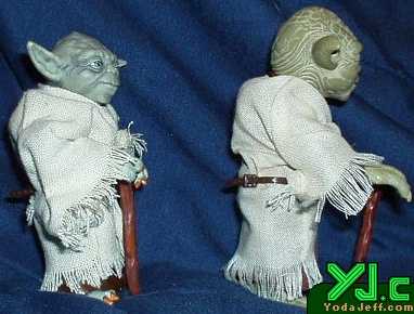 A right side comparison shot of the two 12' scale Yoda figures