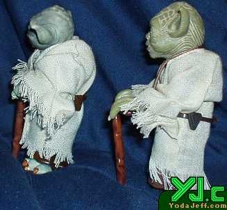 A left side comparison shot of the two 12' scale Yoda figures