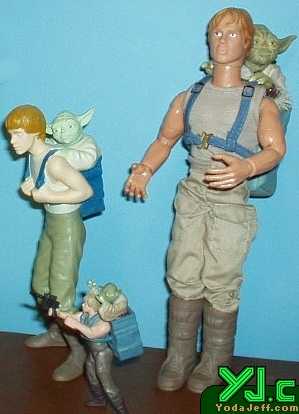 A comparison of three different Yodas on the back of three different Lukes